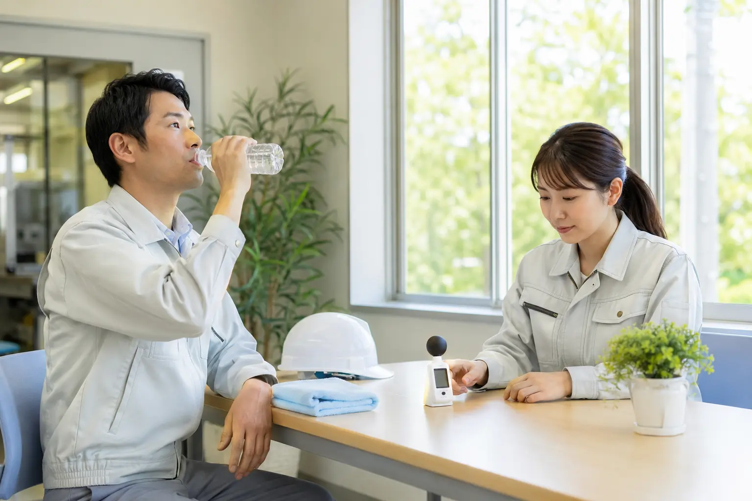 職場で水分補給と暑さ指数を確認する熱中症対策のイメージ
