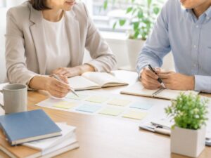 付箋を並べた紙を前に、二人が話しながらメモを取っている様子