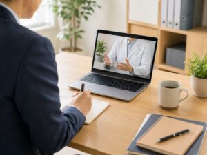 ノートパソコンの画面に映る白衣の医師と打ち合わせをする男性