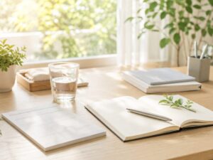 明るい窓辺の机に置かれた水の入ったグラスと開いたノート