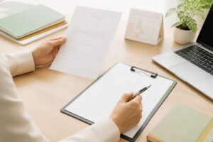 診断書と対応チェックリストを確認する人事担当者の手元